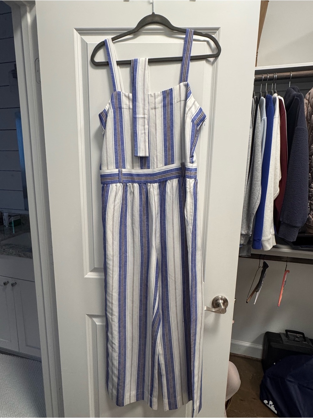 LOFT Blue and White Striped Wide-Leg Jumpsuit